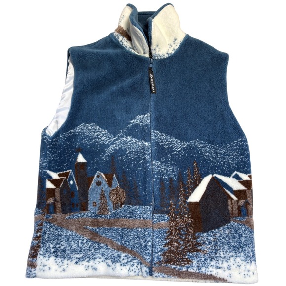 Denali Jackets & Blazers - Denali VINTAGE Unisex Fleece Vest Blue Winter Village Mountain Scene Full Zip L